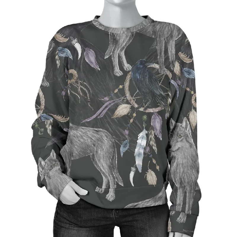 Wolf Print Pattern Women's Sweatshirt Hoodie with Zipper Placket Modern Functional