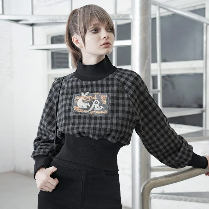 Women's Gothic High Collar Plaid Short Sweatshirts Hoodie with Exposed Zipper Edgy Industrial Women's Gothic High Collar Plaid Short Sweatshirts Hoodie with Exposed Zipper Edgy Industrial