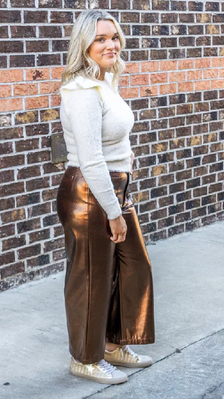 Dear John Audrey High Rise Wide Clean Hem Cropped Pants Rust Copper Foil Fashionable Tapered Leg Pants