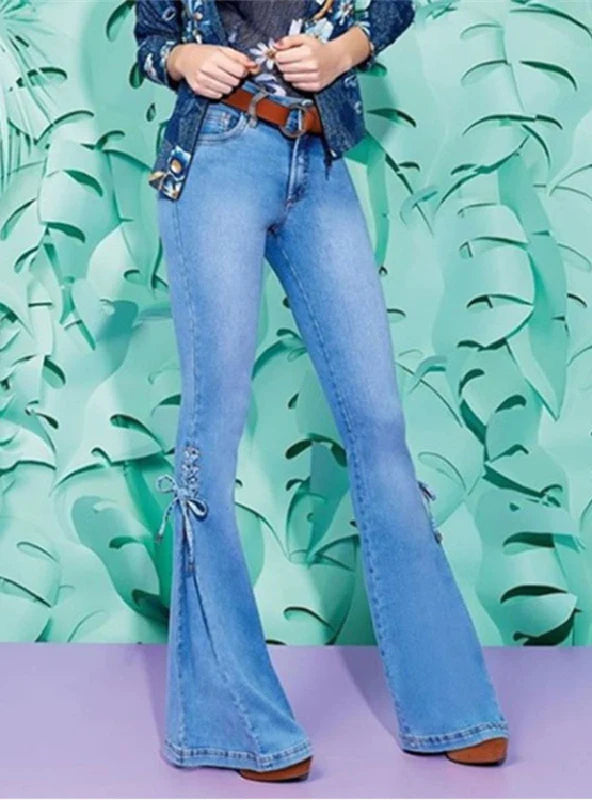 ELASTIC HORN DENIM PANTS MIDDLE WAIST STRAP Comfortable Denim Pants