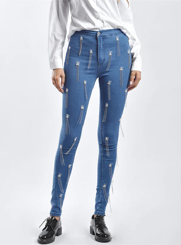 SLIM BEADED TASSEL STRETCH PANTS Soft Stretch Trousers