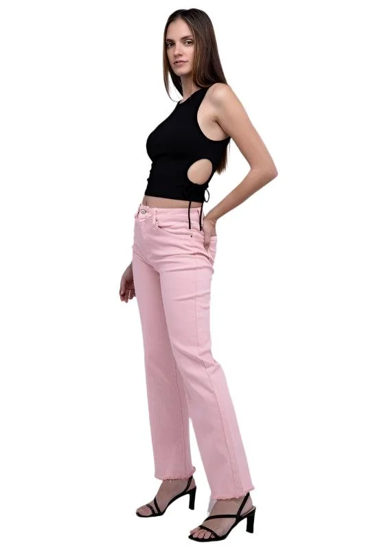 Acid Washed Frayed Cutoff Hem Straight Wide Pants Fashionable Button-Up Pants