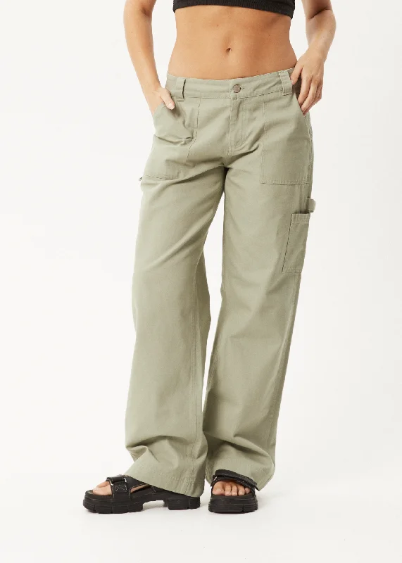 AFENDS Womens Lexi - Low Rise Carpenter Pants - Eucalyptus Trendy Wide-Legged Trousers
