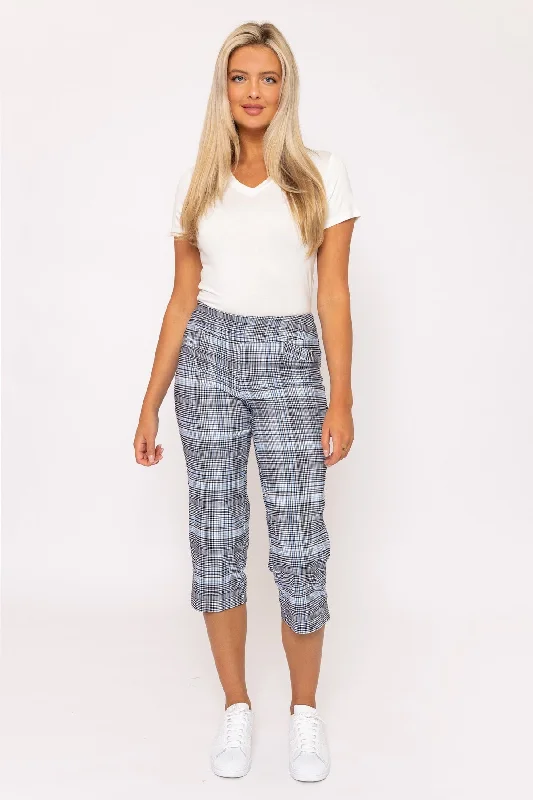 Bengaline Check Crop Pants in Blue Print Trendy High-Waist Trousers