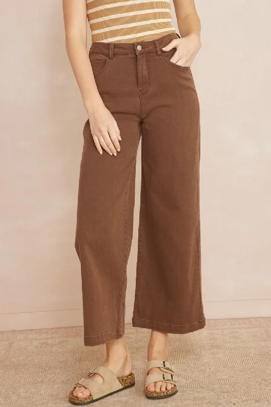 Brown Acid Wash High Waisted Wide Leg Pants Trendy High-Waist Trousers