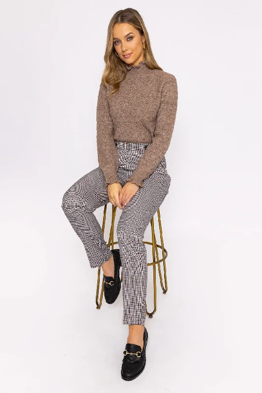 Button Detail Tailored Pant in Park Check Print Modern Stretch Trousers