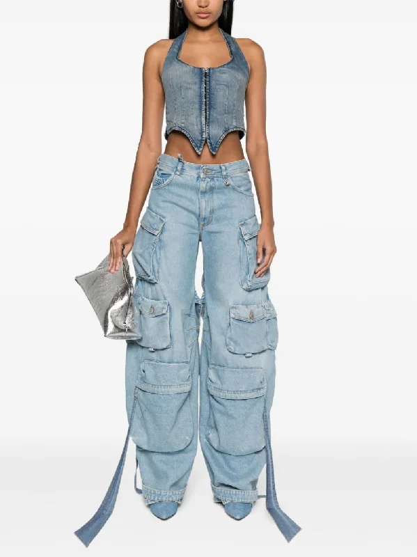 Cargo Denim Pants with Dangling Straps Elegant Wool Trousers