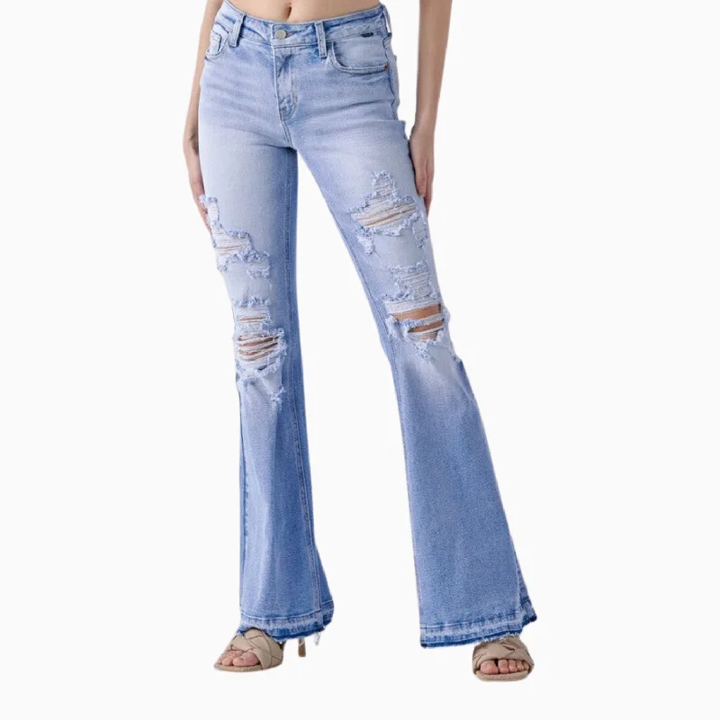 Women's Mid Rise Super Flare Denim Pant Wide-Legged Palazzos
