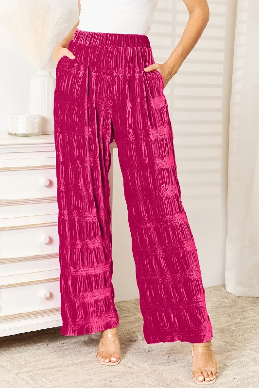 Double Take Full Size High Waist Tiered Shirring Velvet Wide Leg Pants Casual Plaid Pants