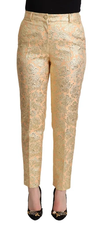 Elegant High-Waisted Pink Brocade Pants Cozy Full-Length Pants