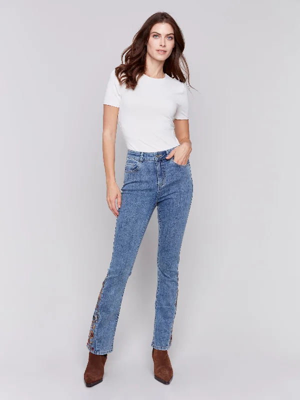 Embroidered Flare Pant Chic Wool Trousers