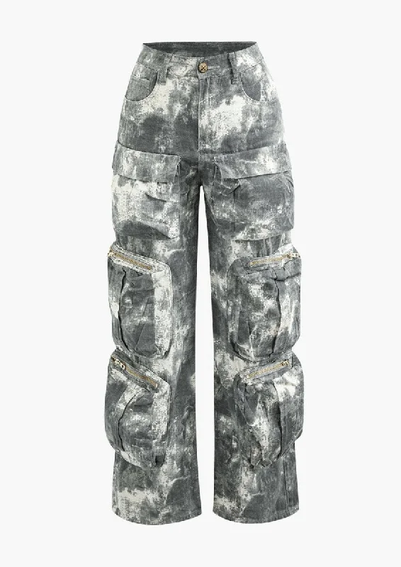 Gray Tie Dye Cargo Pants Trendy Wide-Legged Trousers