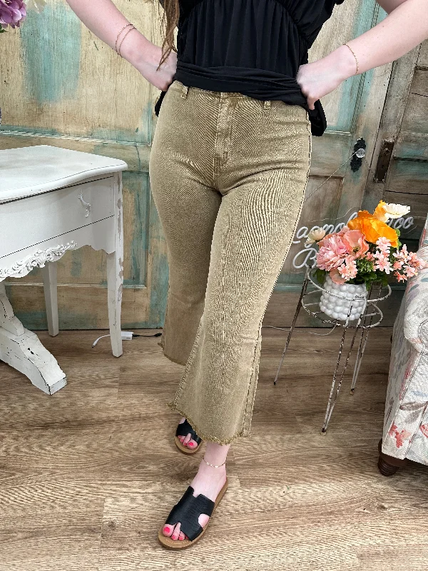 LT CAMEL ACID WASHED HIGH WAIST FRAYED HEM STRAIGHT WIDE PANTS High-Waist Trousers