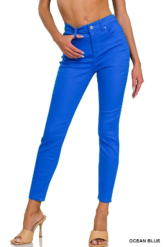 OCEAN BLUE HIGH-RISE SKINNY COLOR DENIM PANTS Relaxed High-Waist Trousers