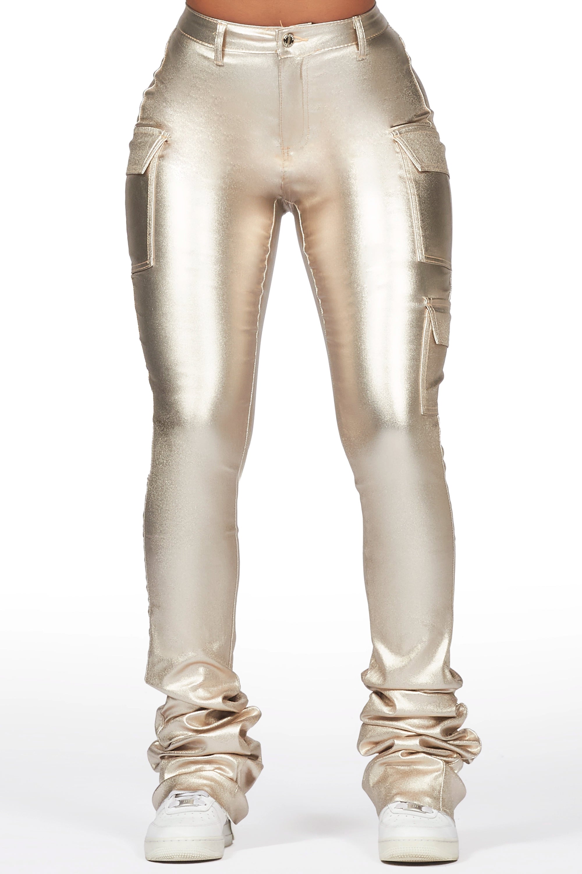 Vixen Metallic Gold Cargo Super Stacked Pant Chic Capri Pants