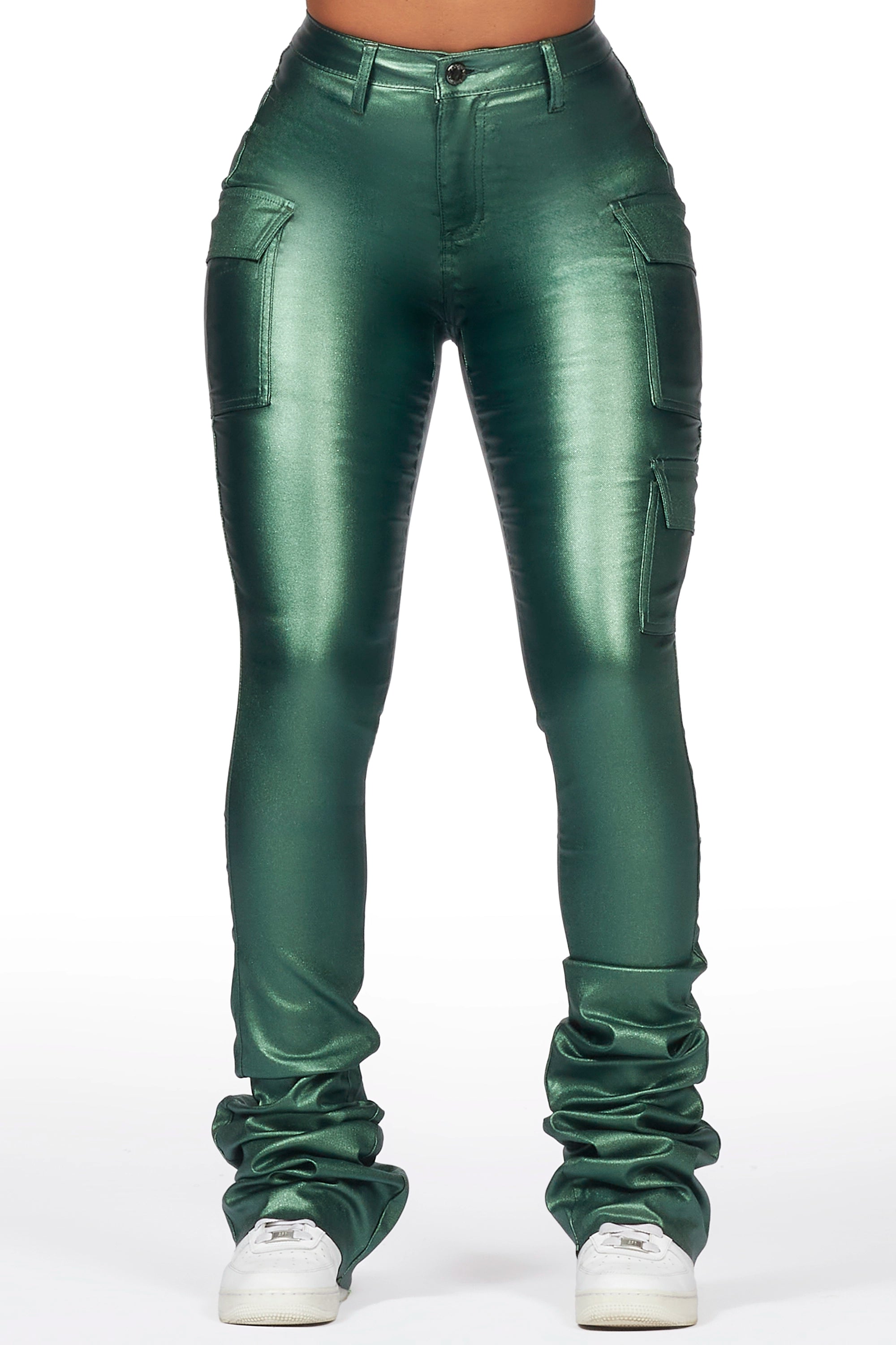 Vixen Metallic Green Cargo Super Stacked Pant Warm Wool Trousers