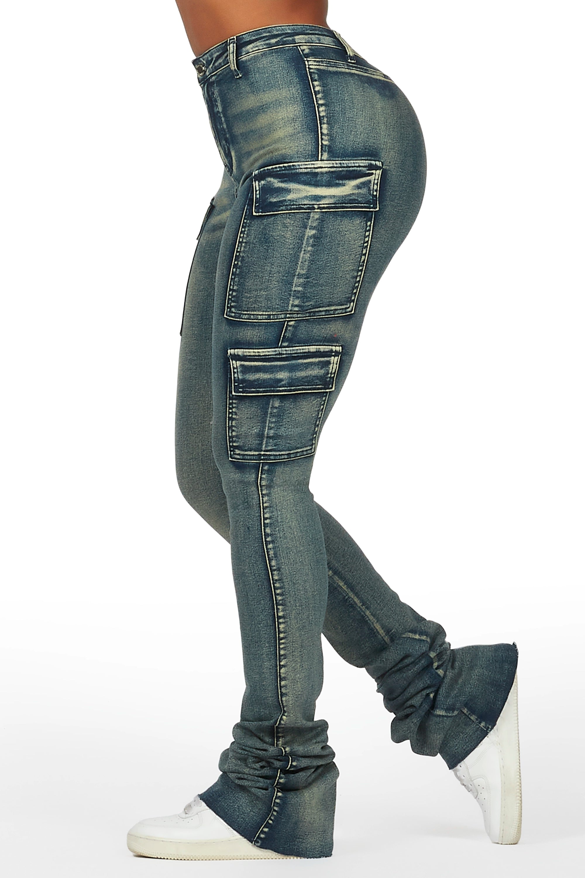 Vixen Tinted Dark Wash Cargo Super Stacked Pant Soft Cotton Pants