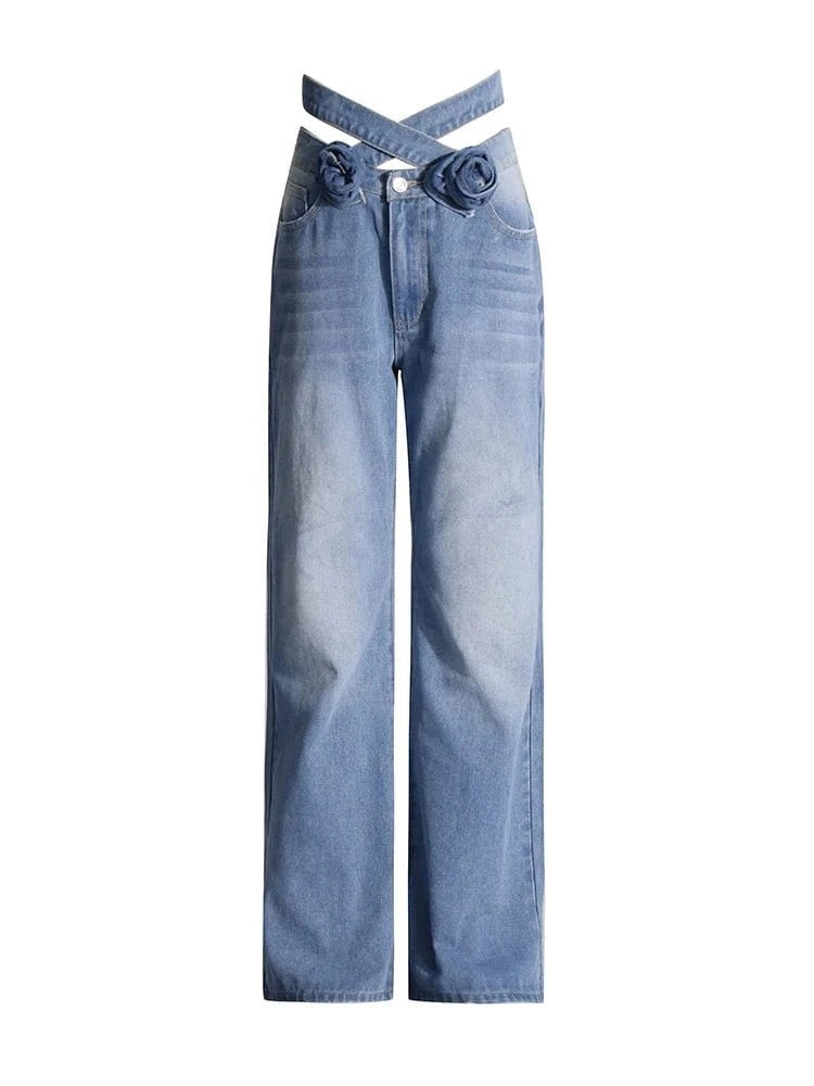 Split Denim Pants Relaxed High-Waist Trousers