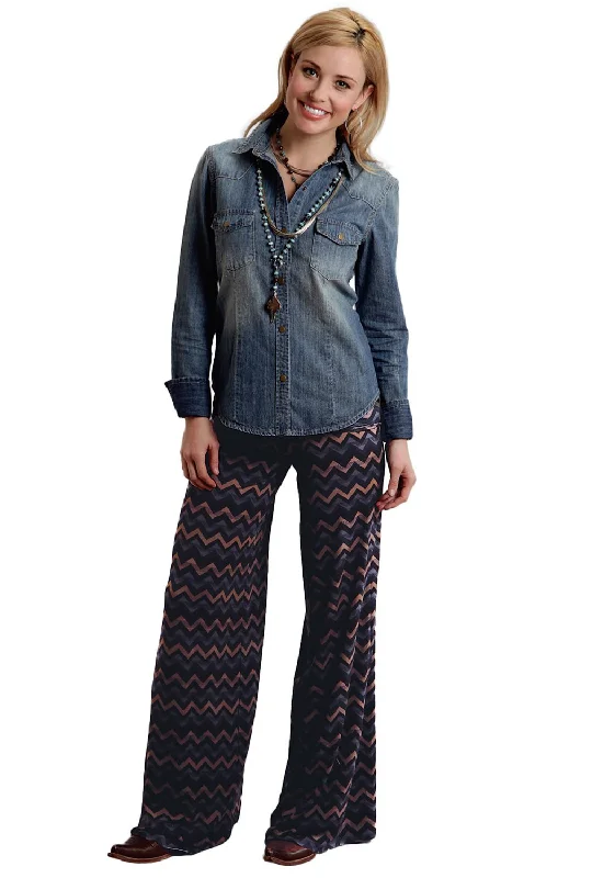 Stetson Ladies Brown Rayon Chevron Print Knit Pants Comfortable Jogger Trousers