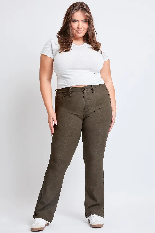 Women´s Plus Size Hyperstretch Flare Pants, Dark Olive Stretch Fit Pants