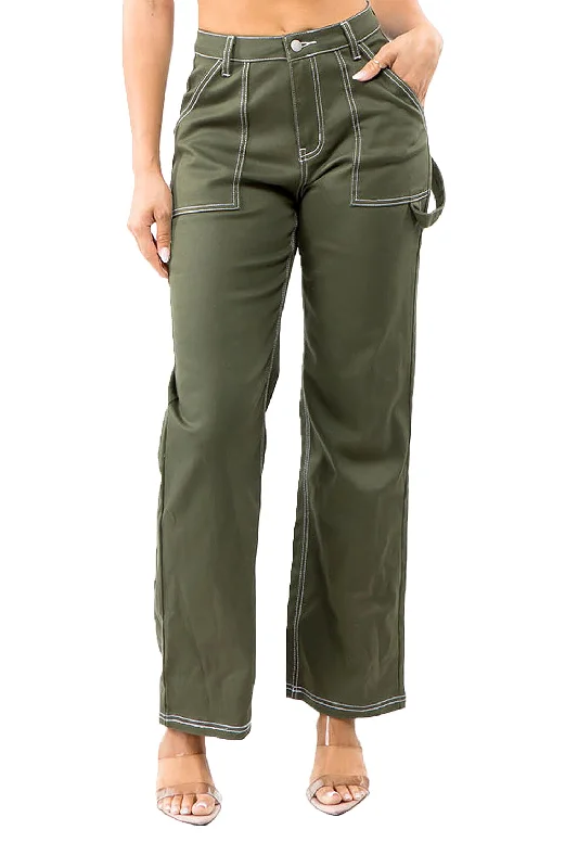 Women's High Rise Carpenter Wide Leg Denim Pants Formal Stretch Pants