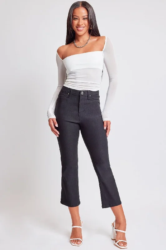Women's Hyperstretch Cropped Kick Flare Leg Pants, Black Chic Faux Leather Pants