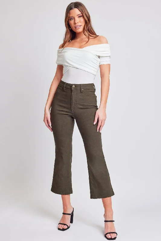 Women's Hyperstretch Cropped Kick Flare Leg Pants, Dark Olive Casual Lounge Pants