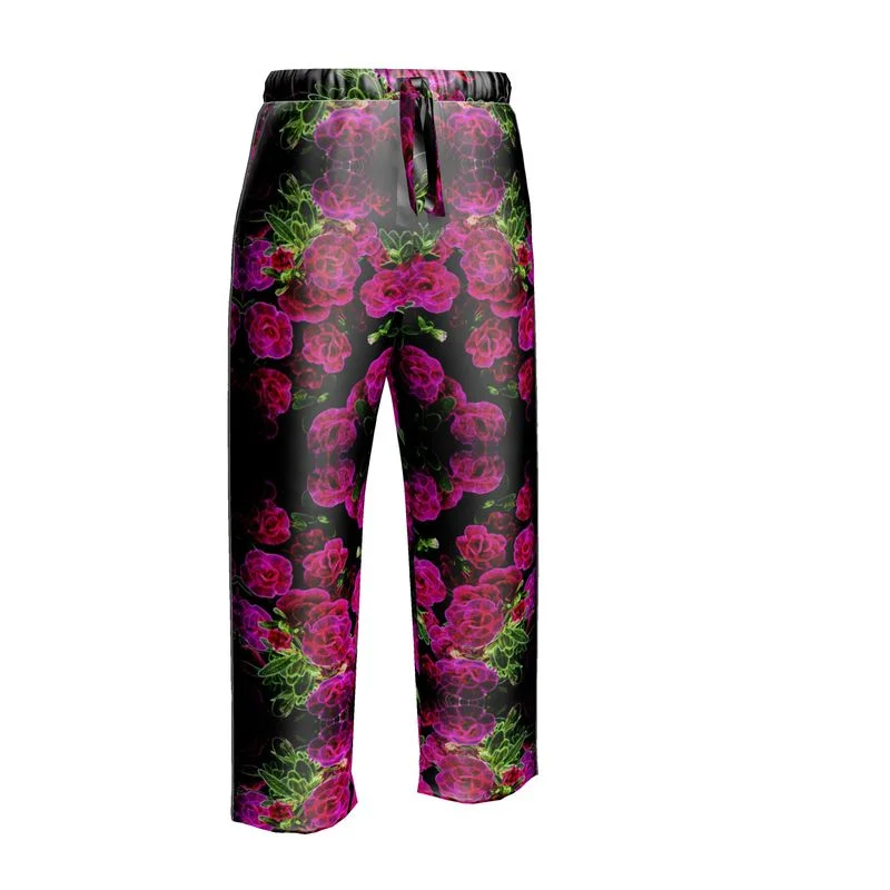 Floral Embosses: Roses 02-01 Ladies Designer Pure Silk Pajama Pants High-Waist Yoga Pants