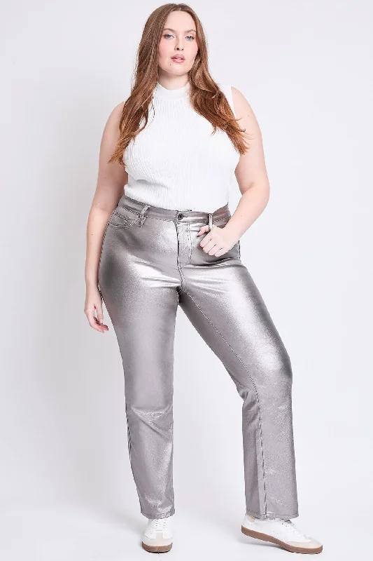 Women's Plus Hyperstretch High Rise Straight Leg Metallic Pant, Smoke Comfy High-Waist Jeans