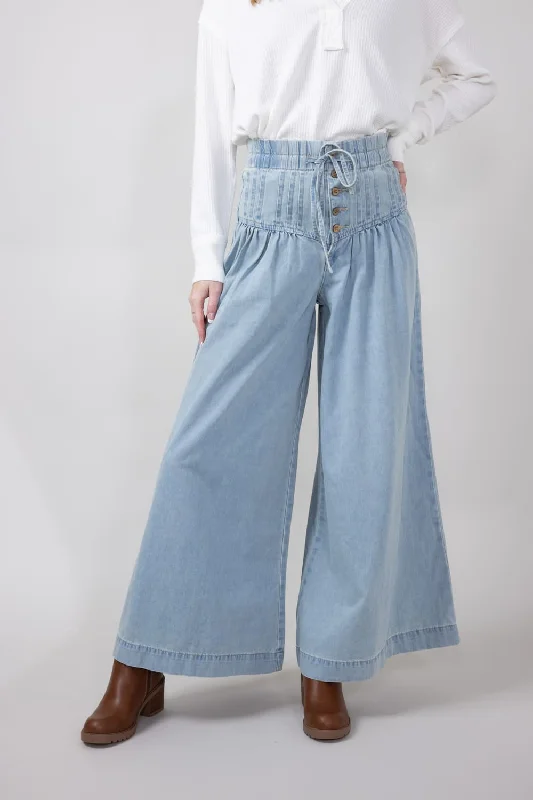 Yoke Pintuck Wide Leg Denim Pants for Women | MAP2991-DENIM Lightweight Linen Pants