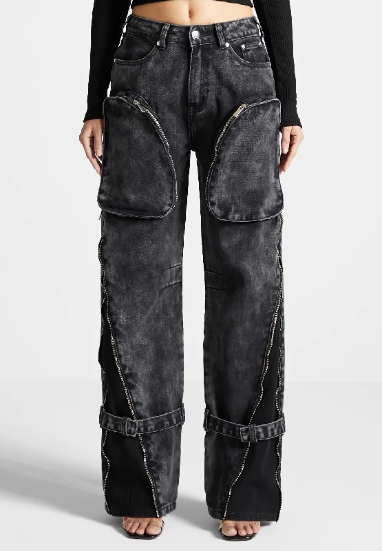 Zip Detail Denim Cargo Pants - Washed Black Relaxed High-Waist Trousers