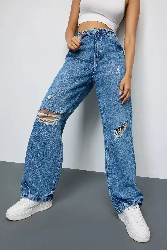 Mid Blue Grunge Style Ripped Jeans Chic Vintage-Inspired Denim Jeans