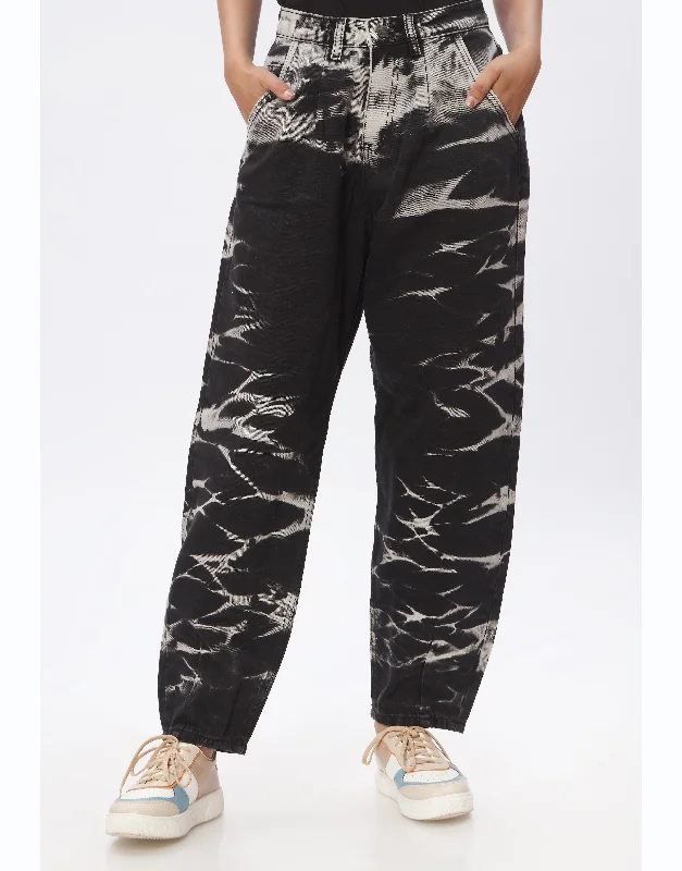 High Rise Tie Died Mom Jeans in Black & Grey Comfortable Ankle Jeans