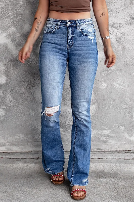 Blue Distressed Flare Jeans Comfortable Stretch Denim Jeans