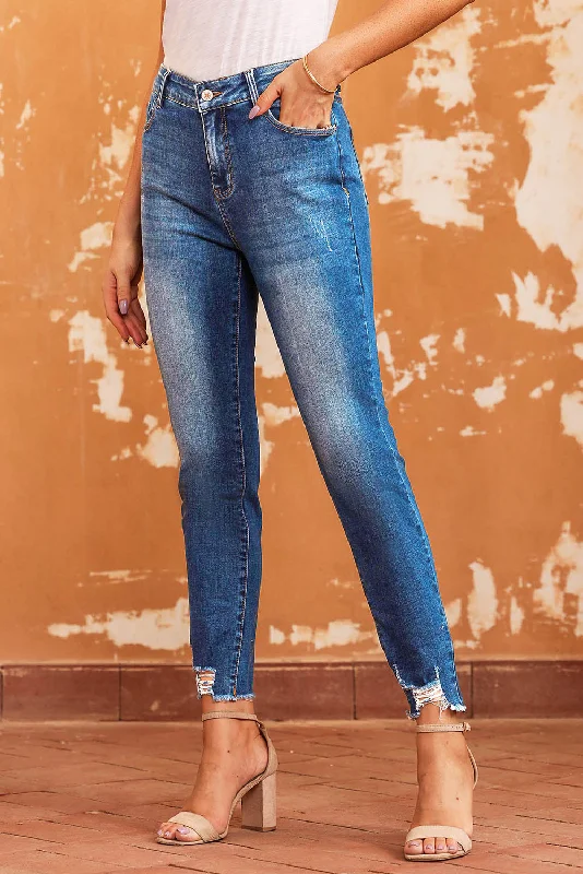 Mid-Rise Distressed Denim Blue Jeans Fashionable Raw Hemmed Jeans