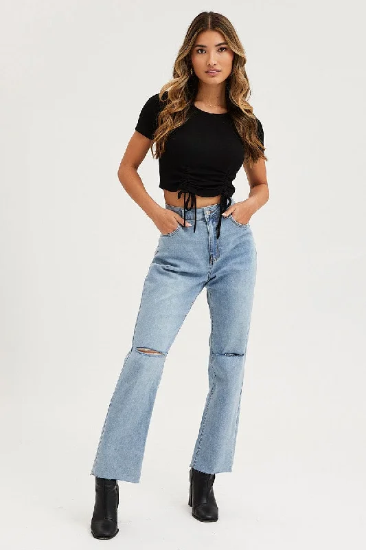 Blue Straight Denim Jeans High Rise Fashionable Mom Jeans