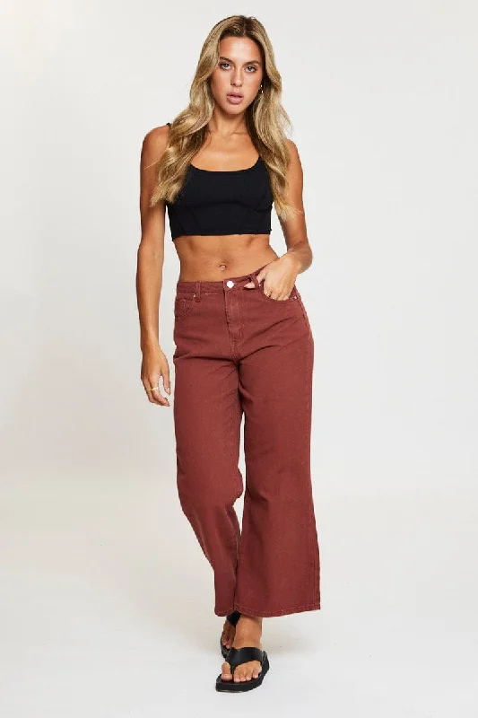 Brown Wide Leg Denim Jeans High Rise Trendy Low-Rise Bootcut Jeans