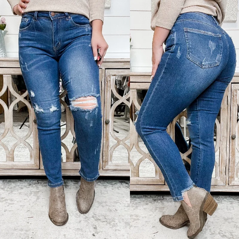 Cheryl High Rise Risen Distressed Blue Skinny Jeans Fashionable Straight Fit Denim