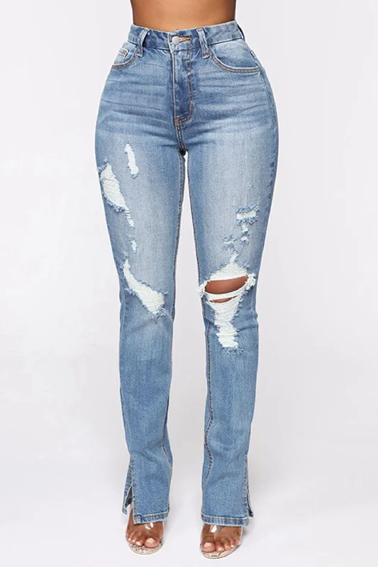 Distressed Slit Jeans Trendy Flared Leg Jeans