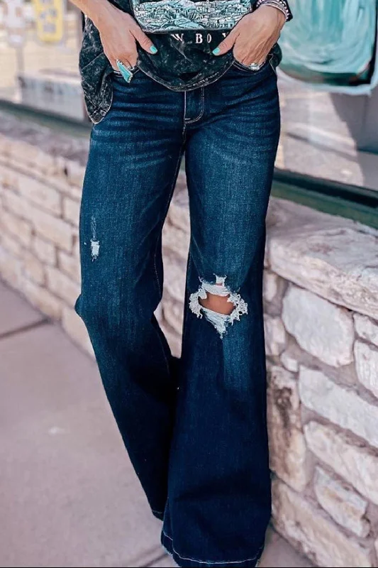 Distressed Wide Leg Jeans with Pockets Stylish Bootcut Denim Jeans