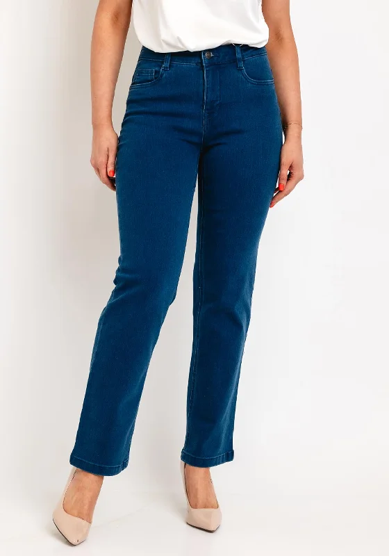 Fransa Elli Luxe Straight Leg Jeans, Mid Blue Denim Chic Rip-Detail High-Waist Jeans