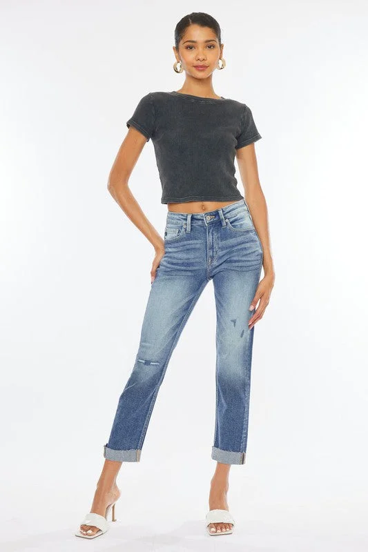 Kan Can High Rise Cuffed Slim Straight Jeans Stylish Relaxed Fit Skinny Jeans