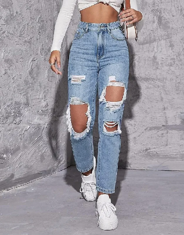 High Rise Ripped Mom Jeans Light Blue Trendy Classic Fit Jeans