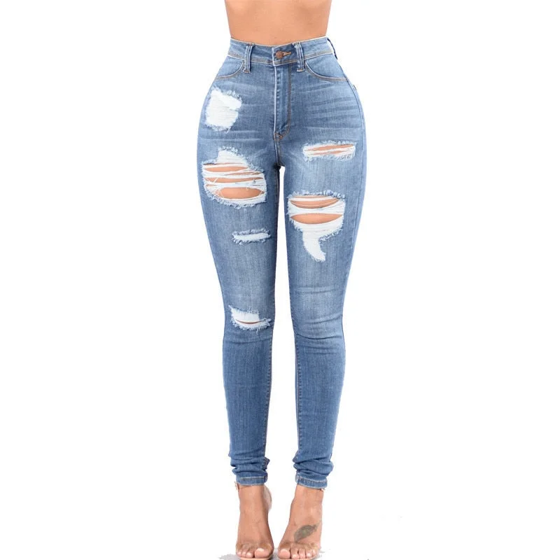 High Waist Women Jeans Chic Rip-Detail High-Waist Jeans
