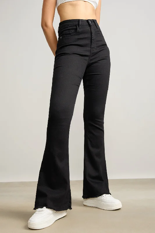 High Waisted Slim Black Bootcut Jeans Chic Double Waistband Jeans