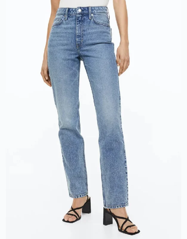 HM High Rise Straight Leg Jeans Dark Blue Stylish Acid-Wash Jeans