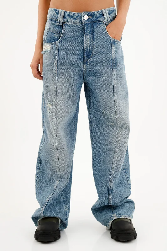 Women's Straight-Leg Blue Jeans Comfortable Folded Hem Jeans