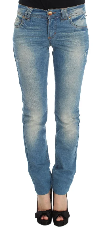 John Galliano Sleek Blue Slim Fit Designer Jeans Elegant Raw Hem Jeans