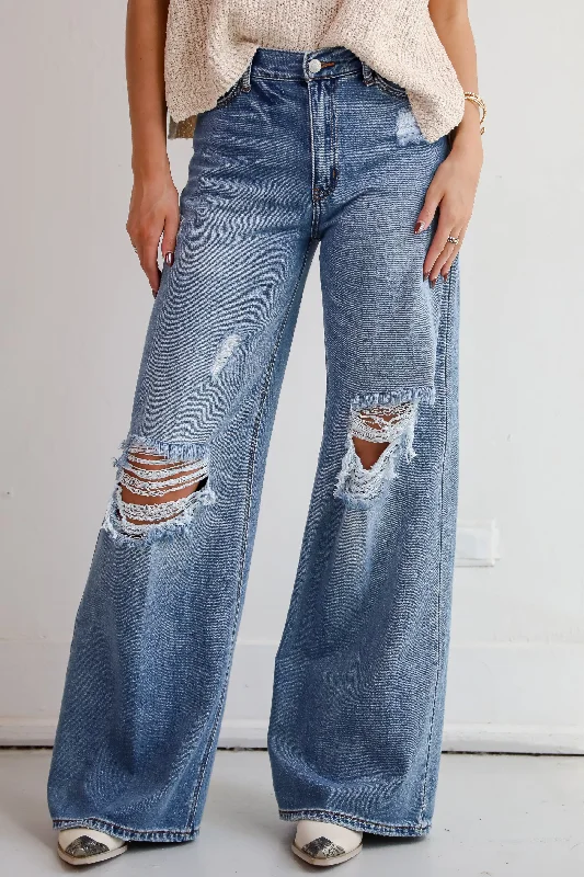 Lennon Medium Wash Distressed Wide Leg Jeans Trendy Classic Fit Jeans