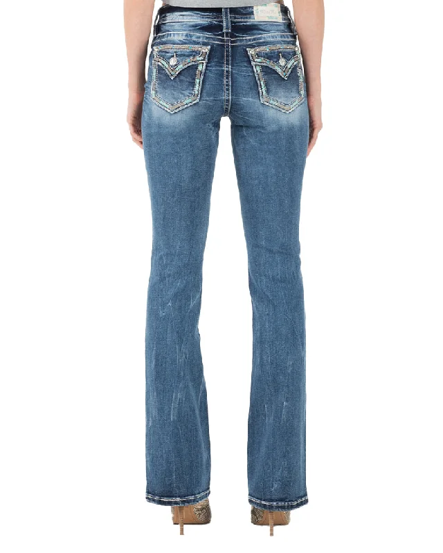 Women's Border Stitch Boot Cut Jeans Casual Straight-Leg Jeans